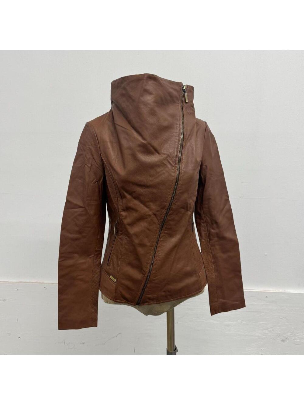 NWT Vintage ONLY Chestnut Leather Funnel Neck Jacket